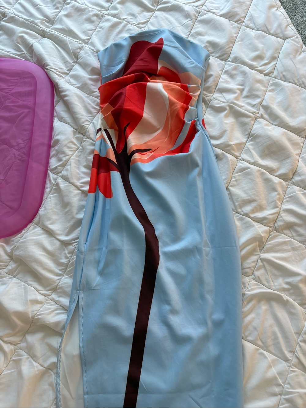 Strapless Light Blue Dress with Red Floral Print